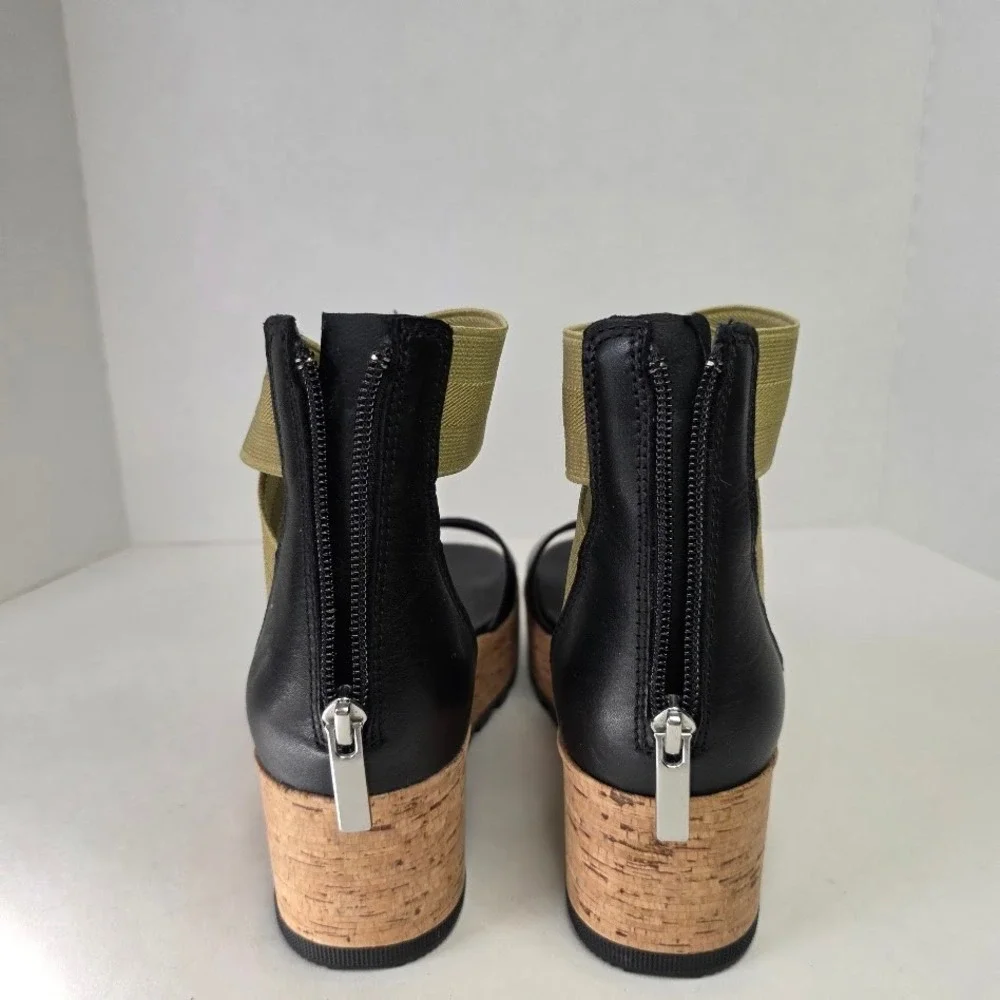 Sorel Women 7.5 Cameron Flatform Sandals Black Sage Cork LL6025-010